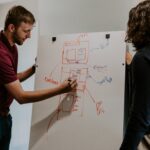 Jeune homme travaillant écrivant au paper board