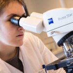 Femme regarde au travers d'un microscope