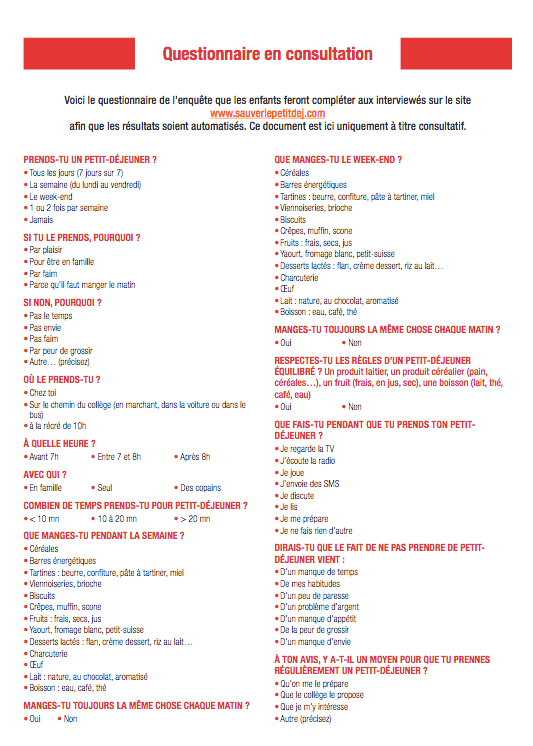 Questionnaire Petit dej
