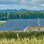 Ferme avec toit en panneaux photovoltaïques, blé, forêt