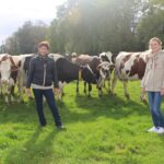 vaches au pré, deux éleveuses, herbe, présentation